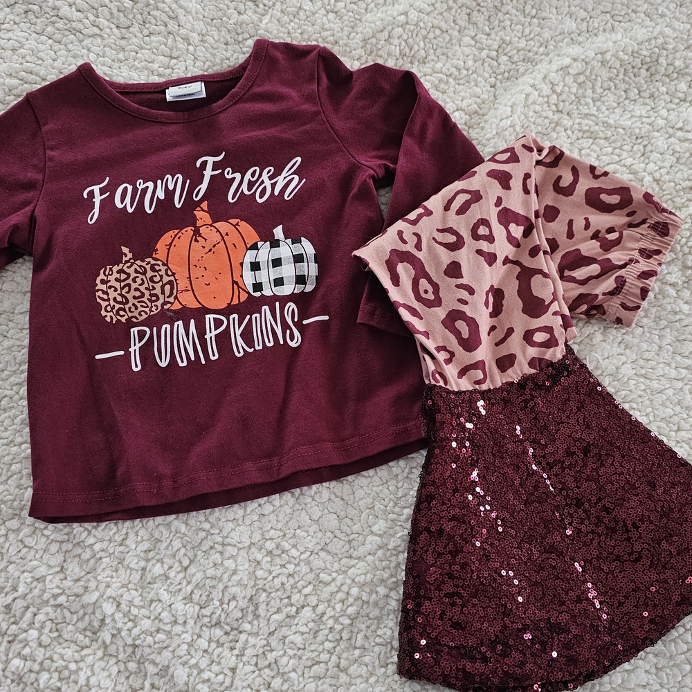 Burgundy Pumpkin Graphic Top and Leopard Skirt Set